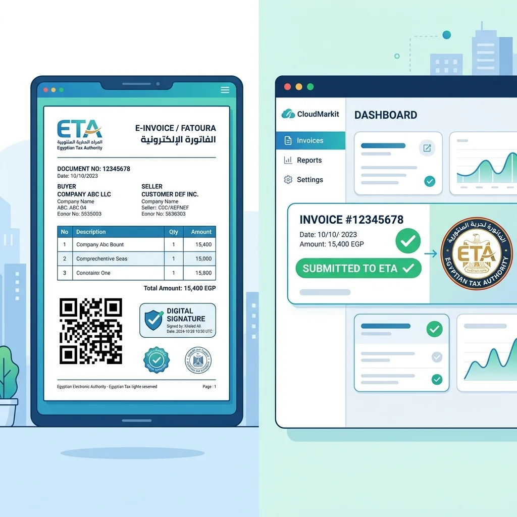 مفهوم الفاتورة الإلكترونية في مصر — مستند فاتورة برمز QR وتوقيع رقمي